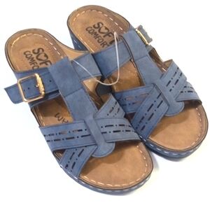 SOFT COMFORT BLUE MEMORY FOAM WEDGE MULE SANDALS WITH BUCKLE SIZE 6 NWT